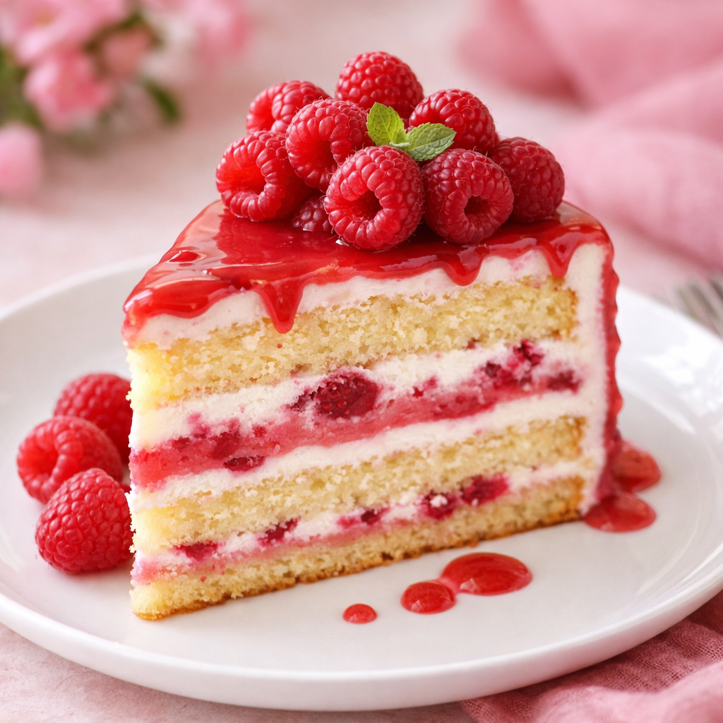 Taze frambuazlı pasta, kremalı katmanlar